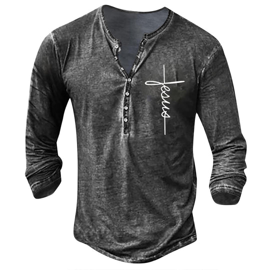 Herren Langarm Henley-Shirt mit kreativem Grafikdruck EB