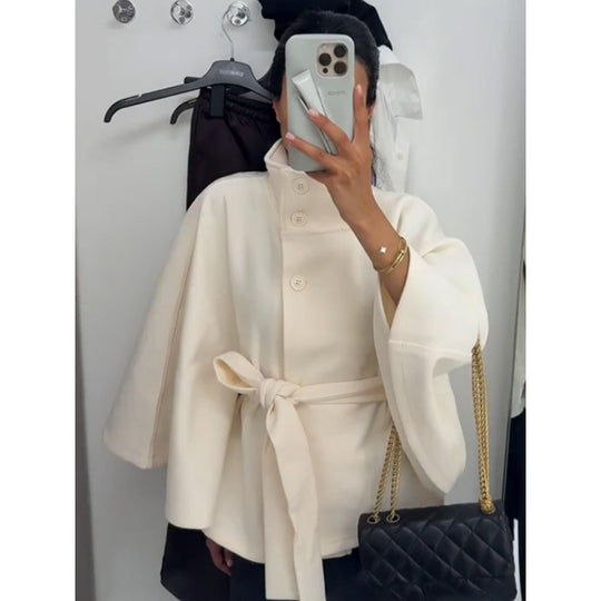 Damen elegante Cape-Jacke mit Knoten-Detail und voluminösen Ärmeln EB