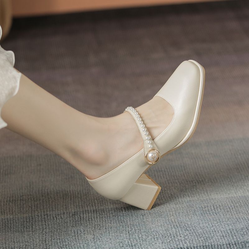 Damen Mary Jane Pumps mit elegantem Perlenschmuck und Blockabsatz EB