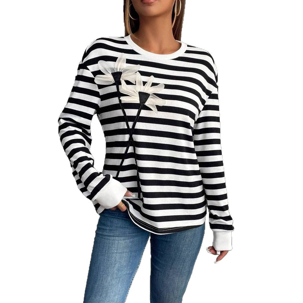 Damen Sweatshirt mit floralem Design und gestreiftem Muster EB