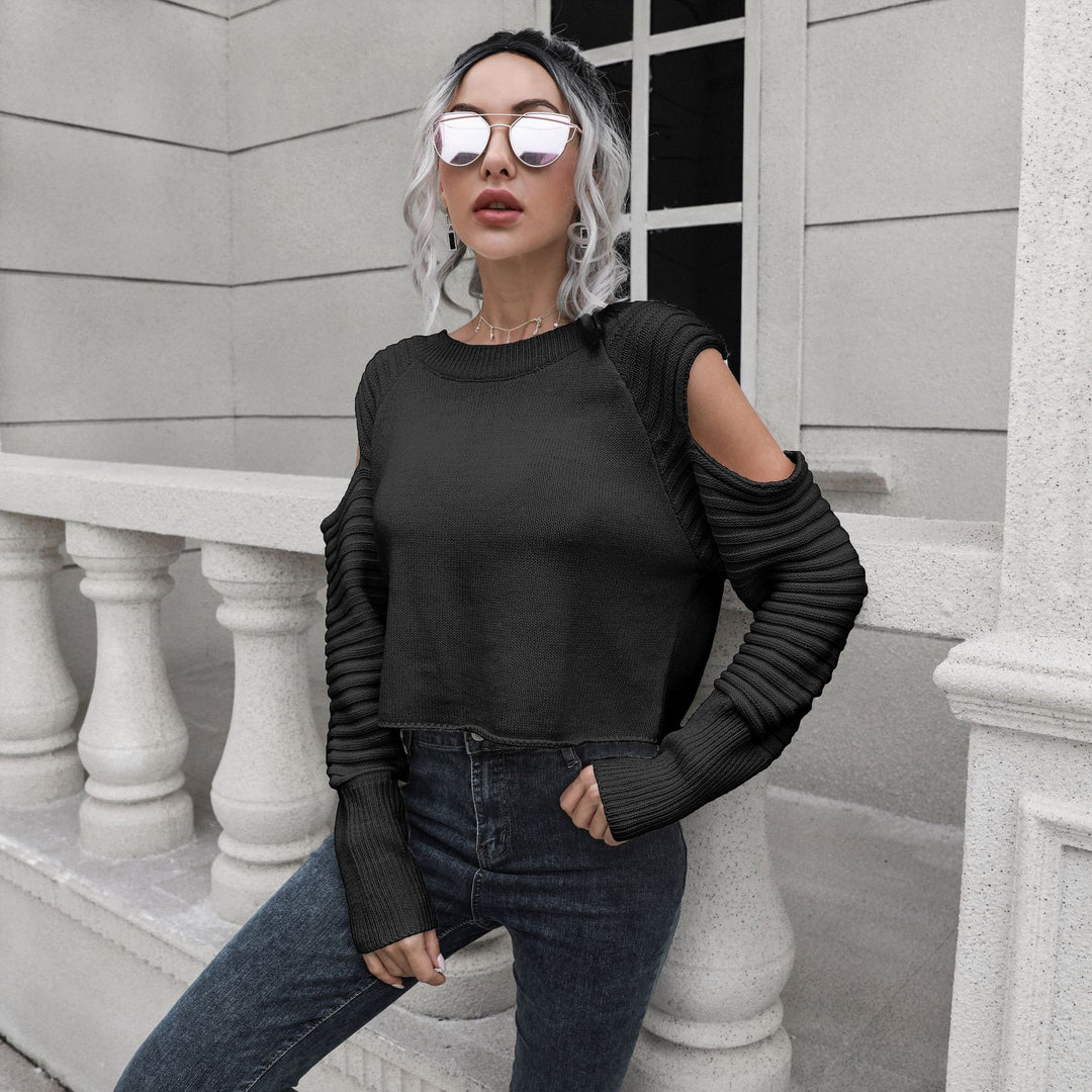 Damen Cropped Pullover mit offener Schulter und Rippstrickmuster EB