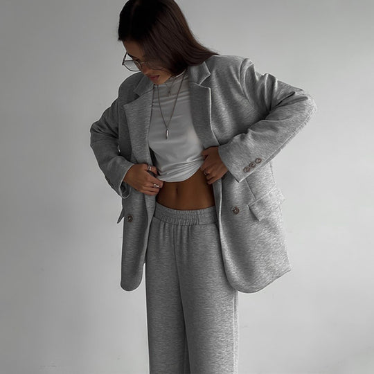Damen elegantes lässiges Zweiteiliges Set mit oversized Blazer und weit geschnittenen Hosen EB