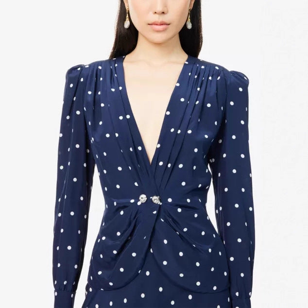 Damen Midikleid mit Punkteprint, tiefem V‑Ausschnitt, Wickelraffung und langen Ärmeln EB