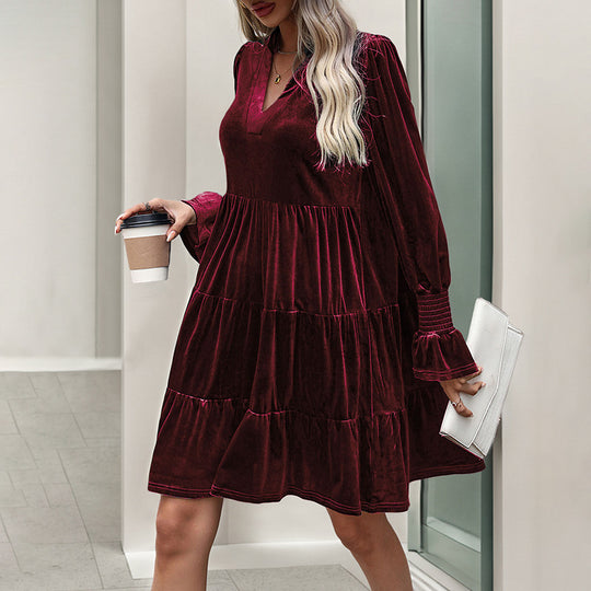 Damen V-Ausschnitt Mini-Kleid mit voluminösen Ärmeln und Rüschendesign EB