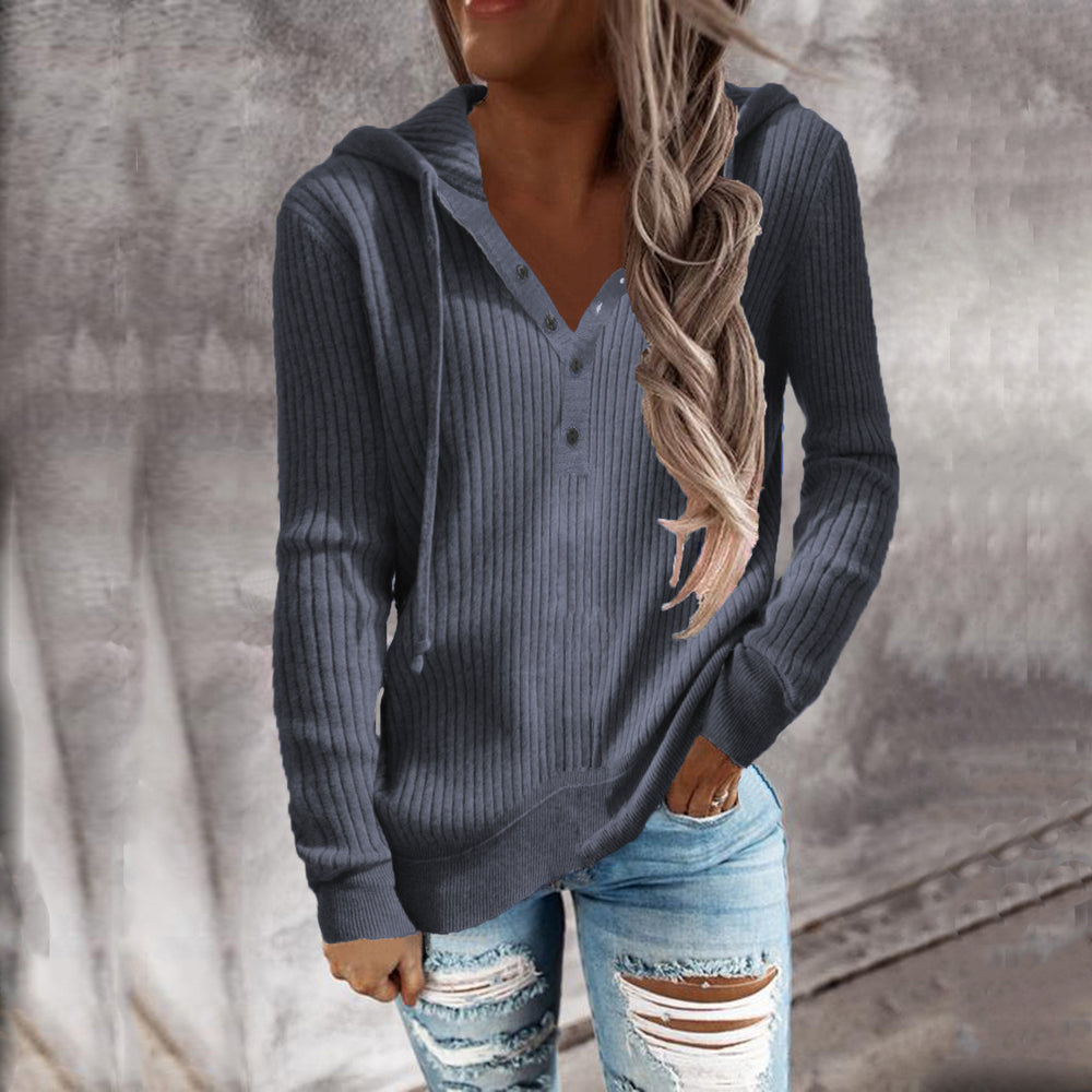 Damen Kapuzenpullover im modischen Rippdesign mit Knopfleiste EB