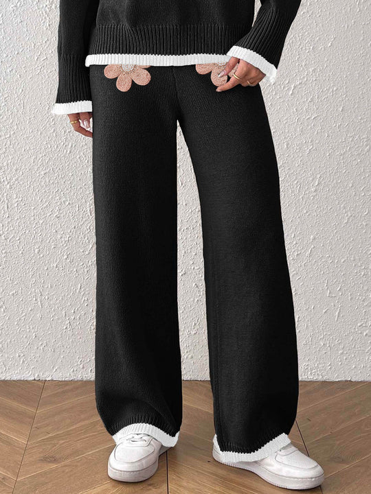 Damen bequeme Strickhose mit floralem Applikationsdesign EB