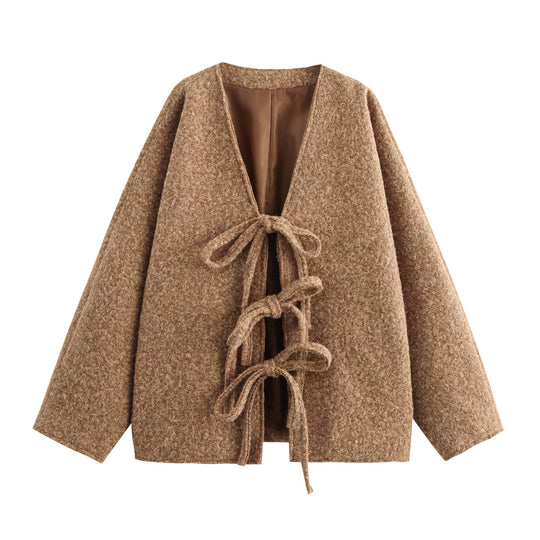 Damen Oversized Wolljacke mit dekorativen Schleifendetails EB