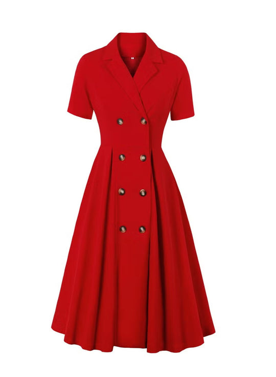 Damen elegantes Midikleid mit doppelter Knopfleiste und schwingendem Rock EB
