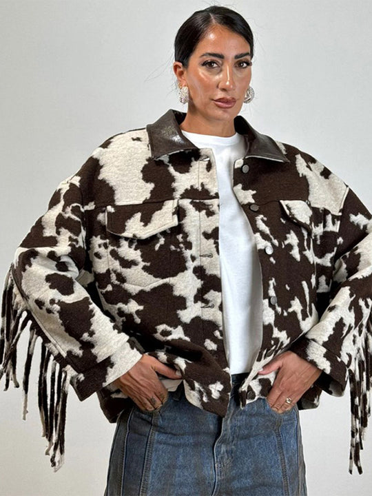 Damen Oversized Fransenjacke mit Kuhmuster EB