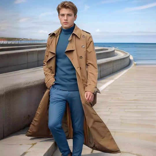Herren langer Trenchcoat mit modernem Schnitt und praktischen Taschen EB
