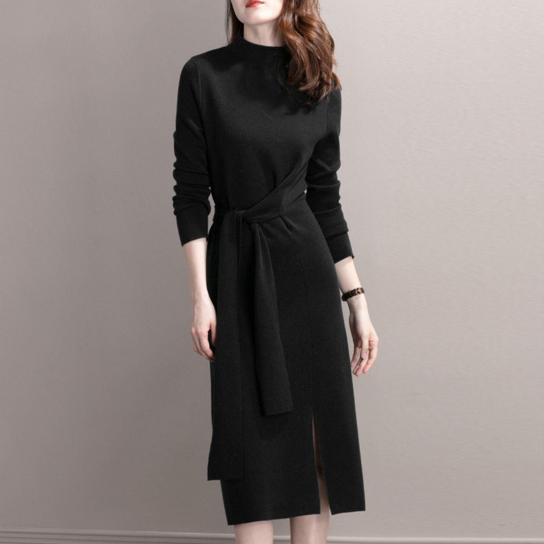 Damen Elegantes Strickkleid mit seitlichem Schlitz und tailliertem Gürtel EB
