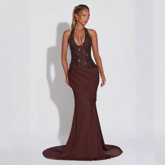 Damen Glamouröses Abendkleid mit tiefem V-Ausschnitt und dekorativen Pailletten EB