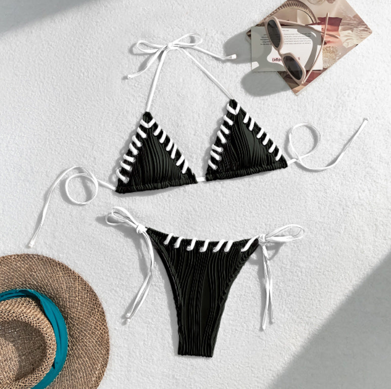 Damen Triangel-Bikini mit kontrastierenden Schnürdetails EB