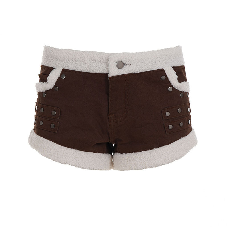 Damen Zarte Biker-Shorts mit Fleece-Besatz und Metallnieten EB