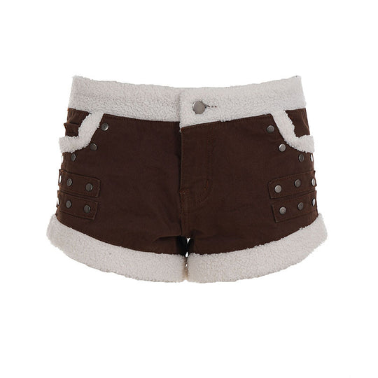 Damen Zarte Biker-Shorts mit Fleece-Besatz und Metallnieten EB