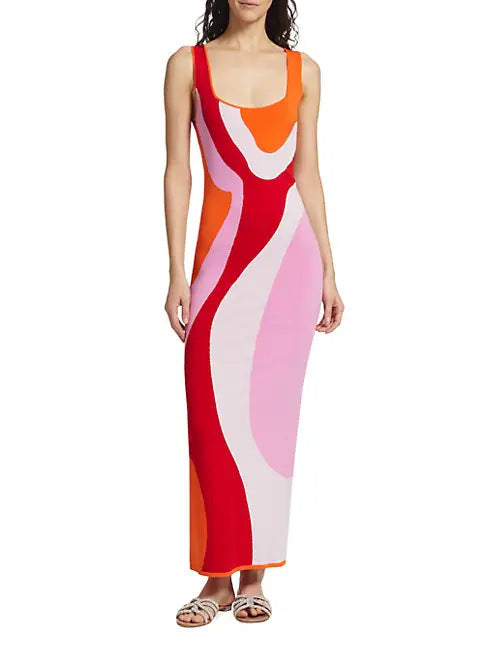 Damen langes figurbetontes Kleid mit quadratischem Ausschnitt und farbenfrohem Muster EB