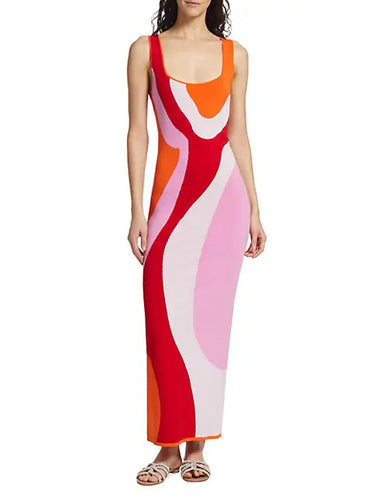 Damen langes figurbetontes Kleid mit quadratischem Ausschnitt und farbenfrohem Muster EB