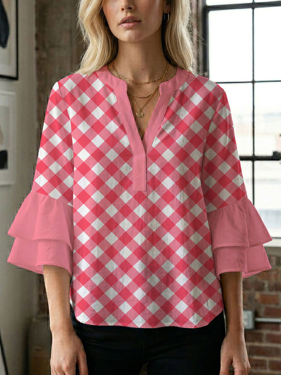 Damen Blusenshirt mit voluminösen Ärmeln und kreativem Druckdesign EB