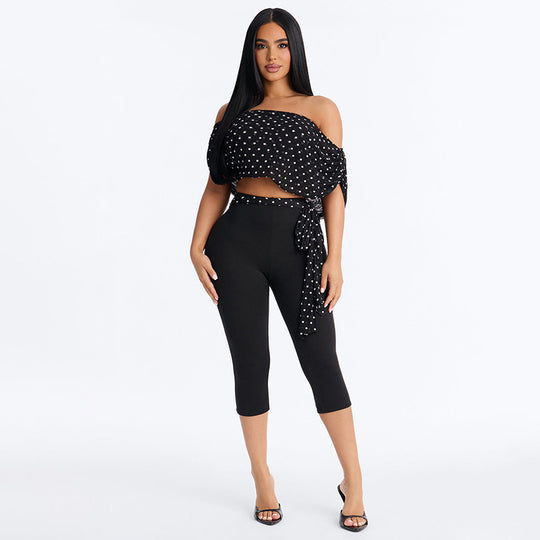 Damen Crop-Top und Leggings Set mit Polka-Dots und Raffungen EB