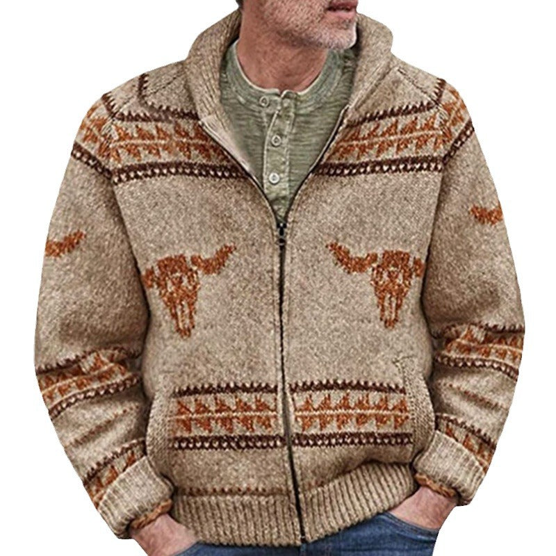 Herren Strickjacke mit einzigartigem Wildwest-Muster und warmem Futter EB