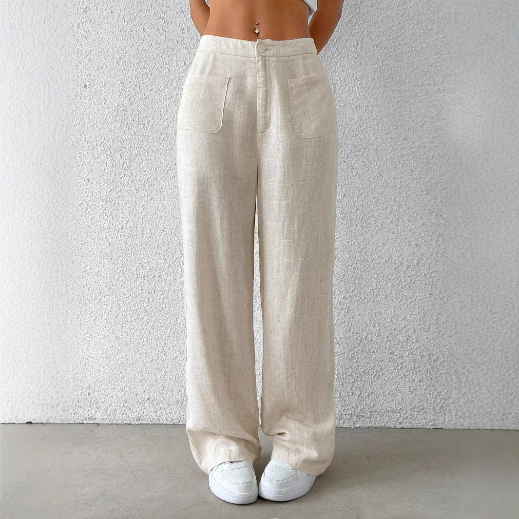 Damen Weit geschnittene Leinenhose mit elastischem Bund und praktischen Taschen EB