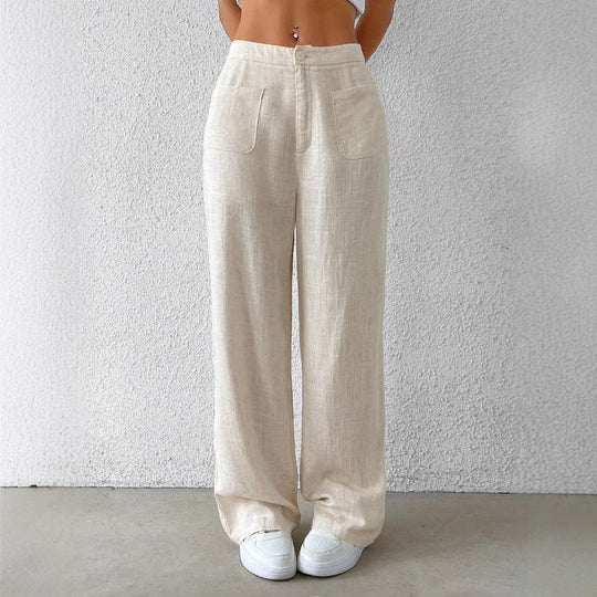 Damen Weit geschnittene Leinenhose mit elastischem Bund und praktischen Taschen EB