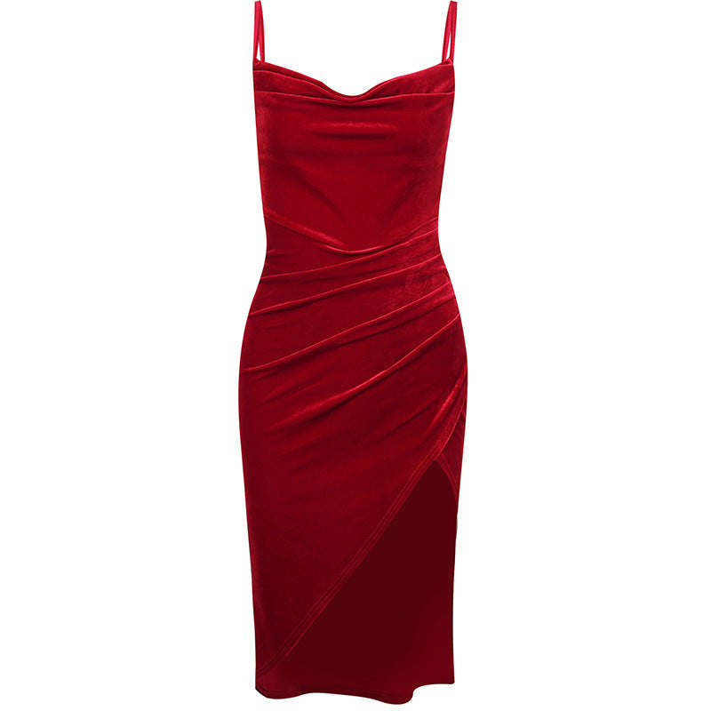 Damen elegantes Wickelkleid mit hohem Schlitz und schmalen Trägern EB