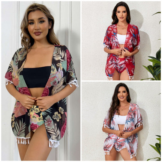 Damen elegantes Strandoutfit mit floralem Überwurf und passendem Bikini EB