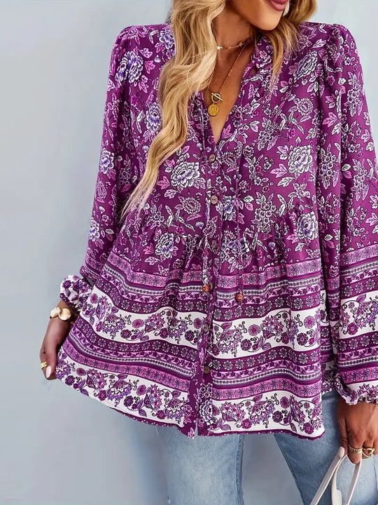 Damen Blusentop mit buntem Blumenmuster und Volantärmeln EB