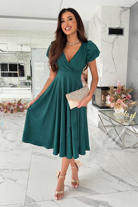 Damen A-Linie Kleid mit Puffärmeln und schmalem V-Ausschnitt EB