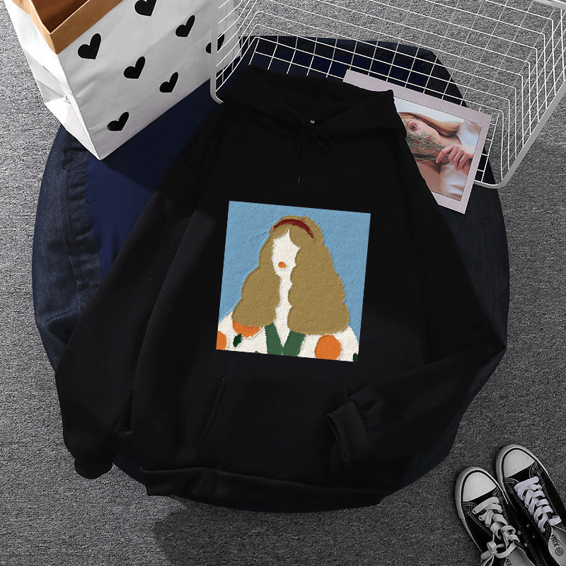 Damen nan Kapuzenpullover mit kunstvoller Chenille-Stickerei im Portraitstil und Kängurutasche EB
