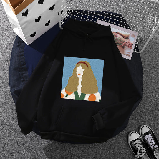 Damen nan Kapuzenpullover mit kunstvoller Chenille-Stickerei im Portraitstil und Kängurutasche EB