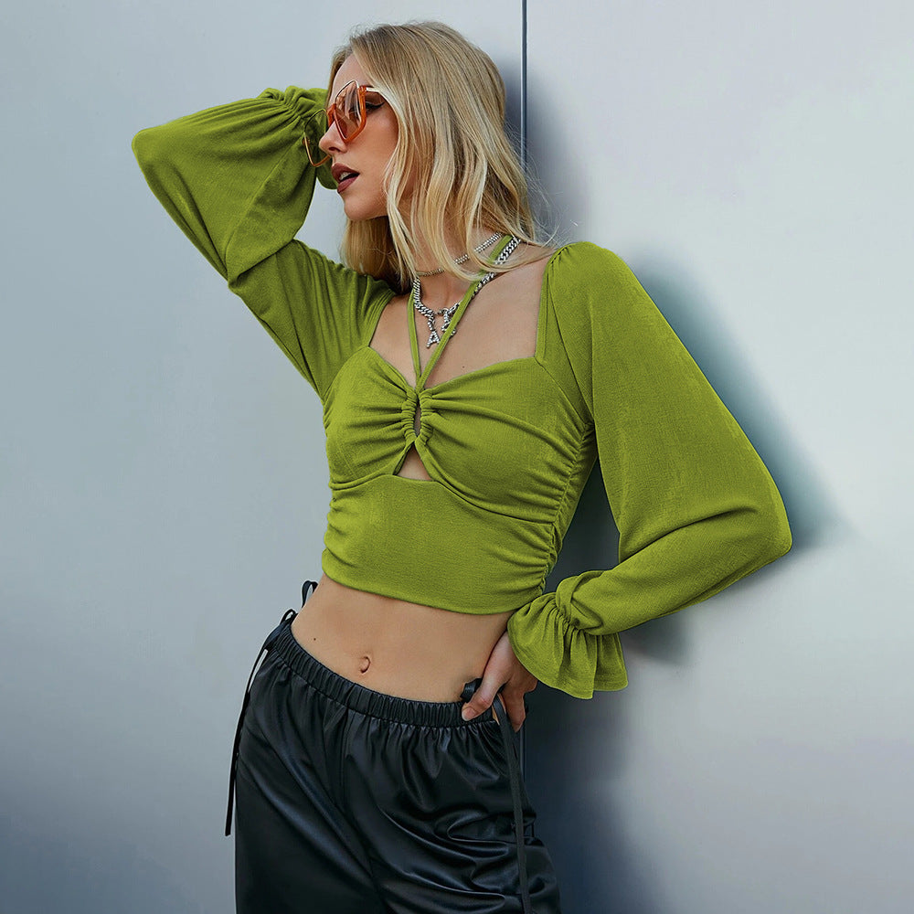Damen gerafftes Crop-Top mit Herz-Bustier, Knoten-Detail und voluminösen Trompetenärmeln Eichborn Berlin