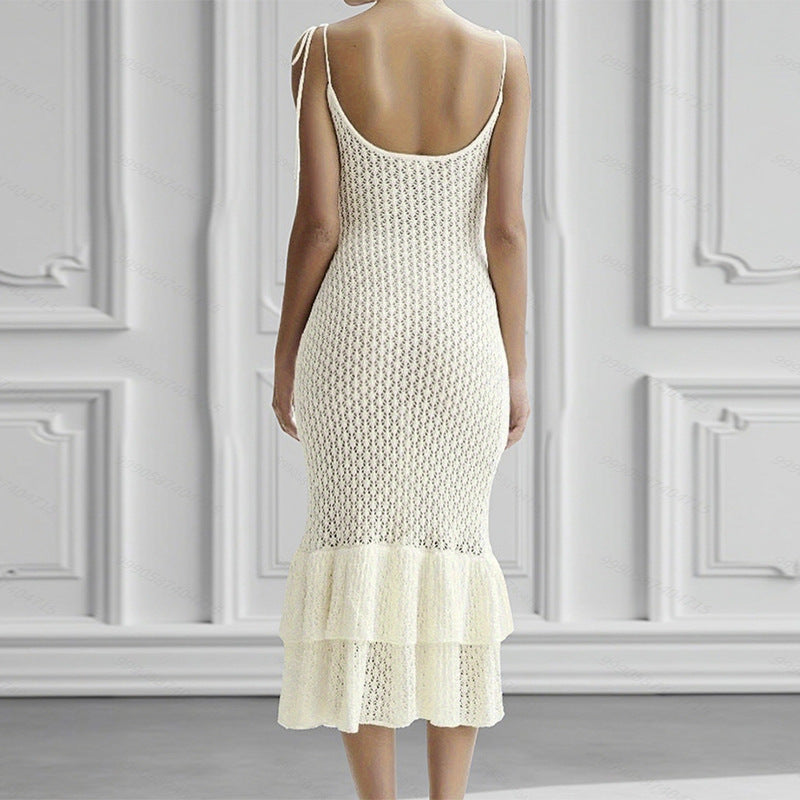 Damen Häkel-Maxikleid mit Volant und verstellbaren Trägern EB