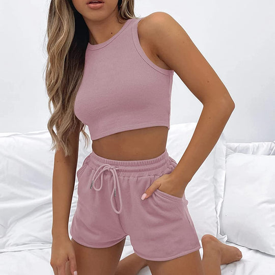 Damen sportliches Zweiteiliges Kurz-Outfit mit Rippstruktur EB