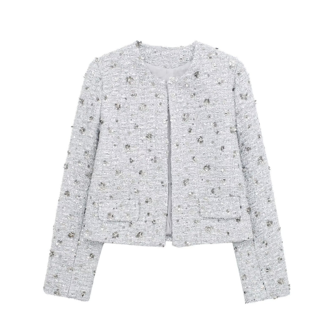 Damen elegante Tweedjacke mit funkelnden Pailletten und strukturiertem Design EB
