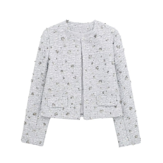 Damen elegante Tweedjacke mit funkelnden Pailletten und strukturiertem Design EB
