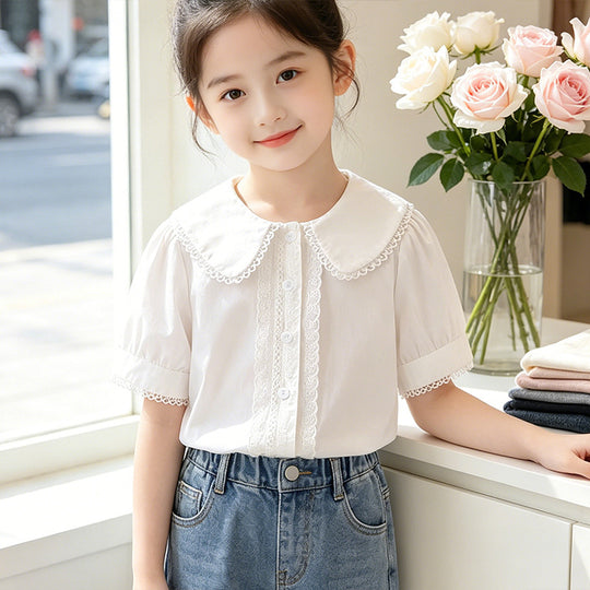 Mädchen Bluse mit elegantem Kragen und Spitzenverzierung EB