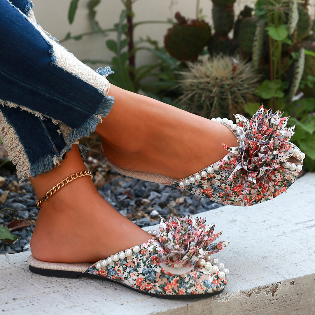 Damen Pantoletten mit floralem Design und eleganten Perlen EB