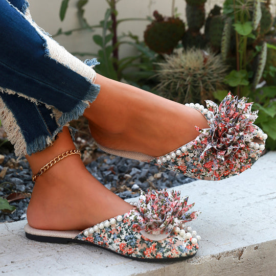 Damen Pantoletten mit floralem Design und eleganten Perlen EB