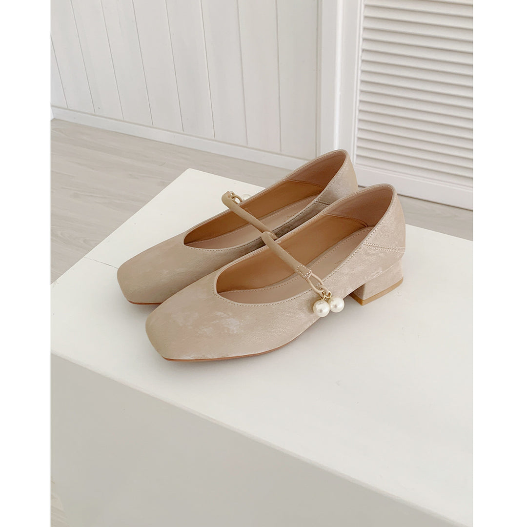 Damen Ballerinas mit Perlenschmuck und bequemem Blockabsatz EB