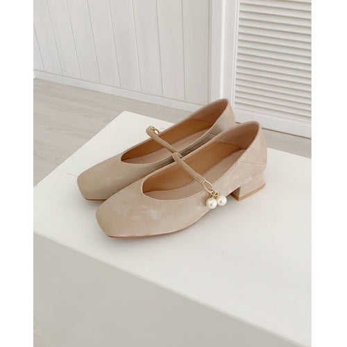 Damen Ballerinas mit Perlenschmuck und bequemem Blockabsatz EB