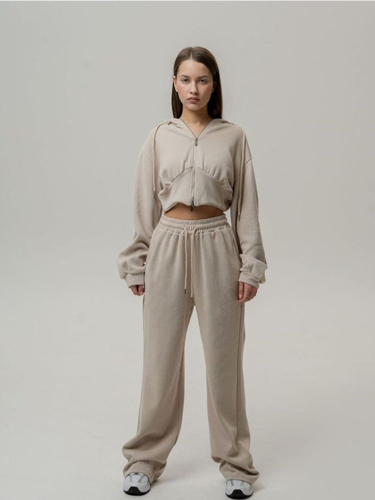 Damen kurzes Reißverschluss-Cropped-Hoodie mit hoher Bund Palazzo-Jogginghose Set EB