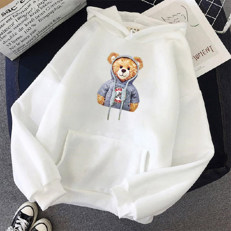 Unisex nan lässiger Oversize Kapuzenpullover mit Teddy-Frontprint, Kängurutasche und weichem Fleece-Innenfutter EB