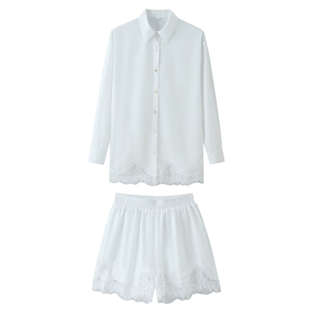 Damen nan zweiteiliges Satin-Pyjama-Set mit Hemdbluse, Gummibund-Shorts und Spitzenbesatz EB