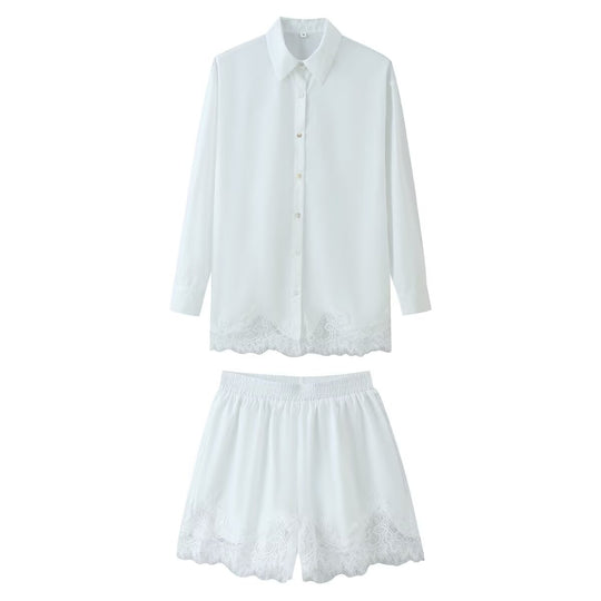Damen nan zweiteiliges Satin-Pyjama-Set mit Hemdbluse, Gummibund-Shorts und Spitzenbesatz EB
