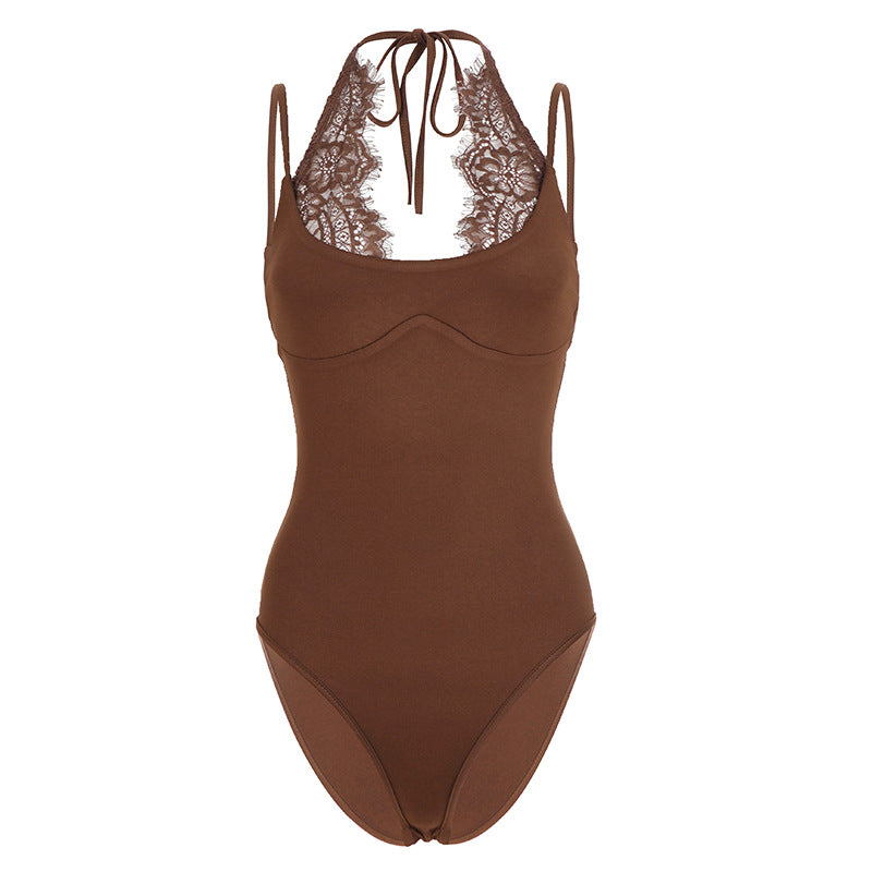 Damen Badeanzug mit elegantem Spitzeneinsatz und halterförmigem Design EB