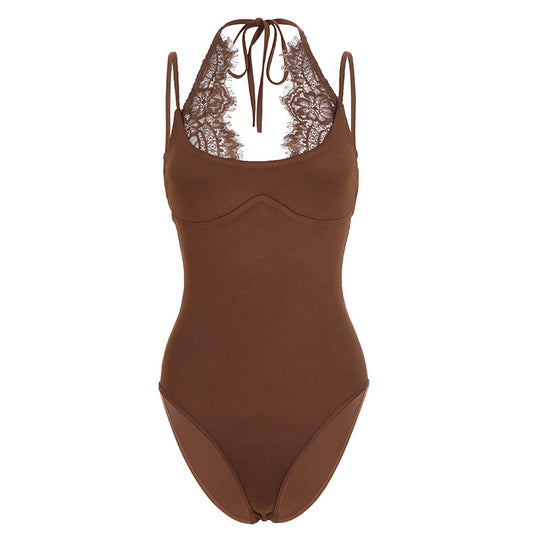 Damen Badeanzug mit elegantem Spitzeneinsatz und halterförmigem Design EB