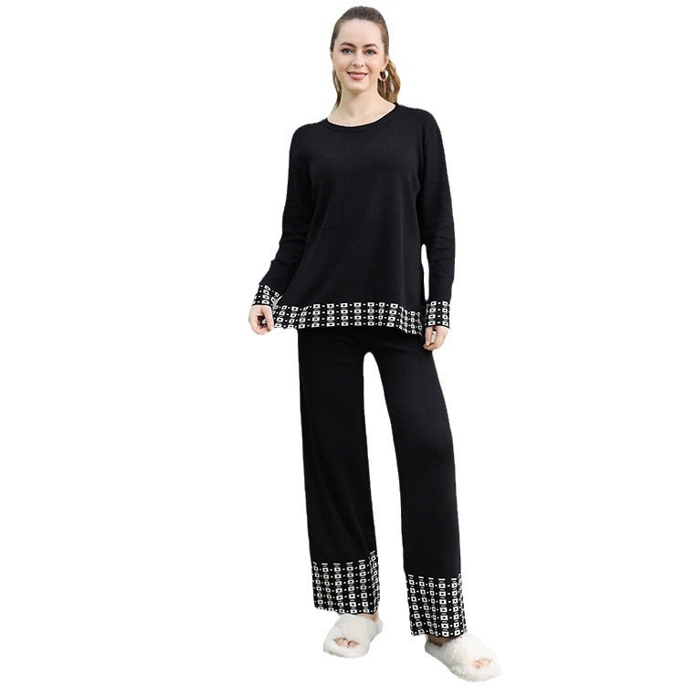 Damen stilvolles Strick-Loungewear-Set mit dekorativen Kontrastabschlüssen EB