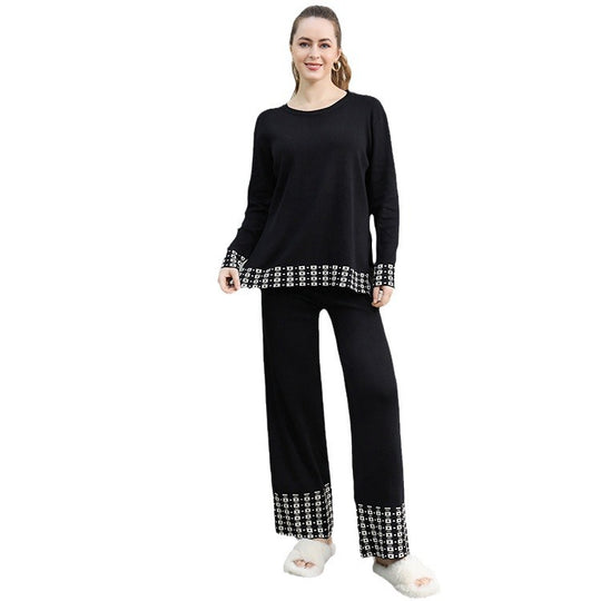 Damen stilvolles Strick-Loungewear-Set mit dekorativen Kontrastabschlüssen EB